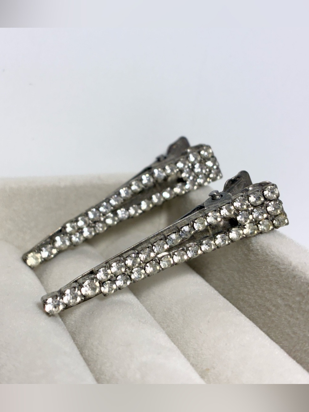 90s Y2K Geometric Clear Rhinestone Silver Tone Hair Clip Barrettes Pair Vintage